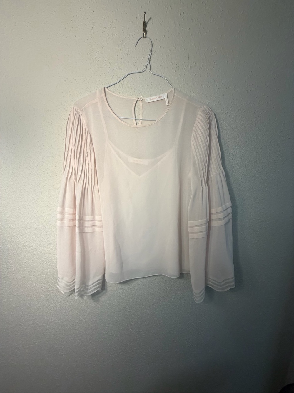 See By Chloé Pale Pink Pleated-Sleeve Chiffon Blouse